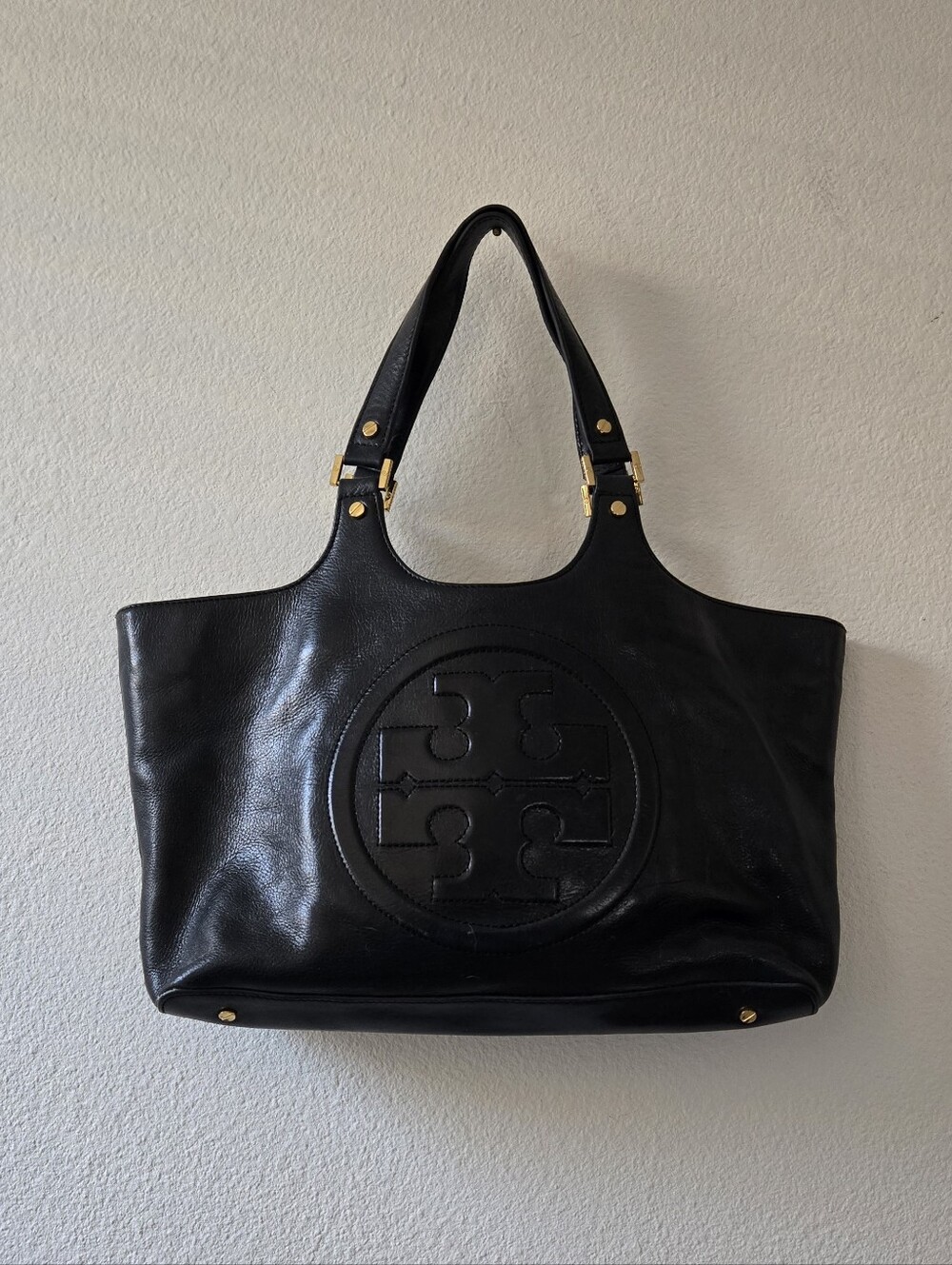 Tory Burch Black Leather Logo Tote with Gold Accents